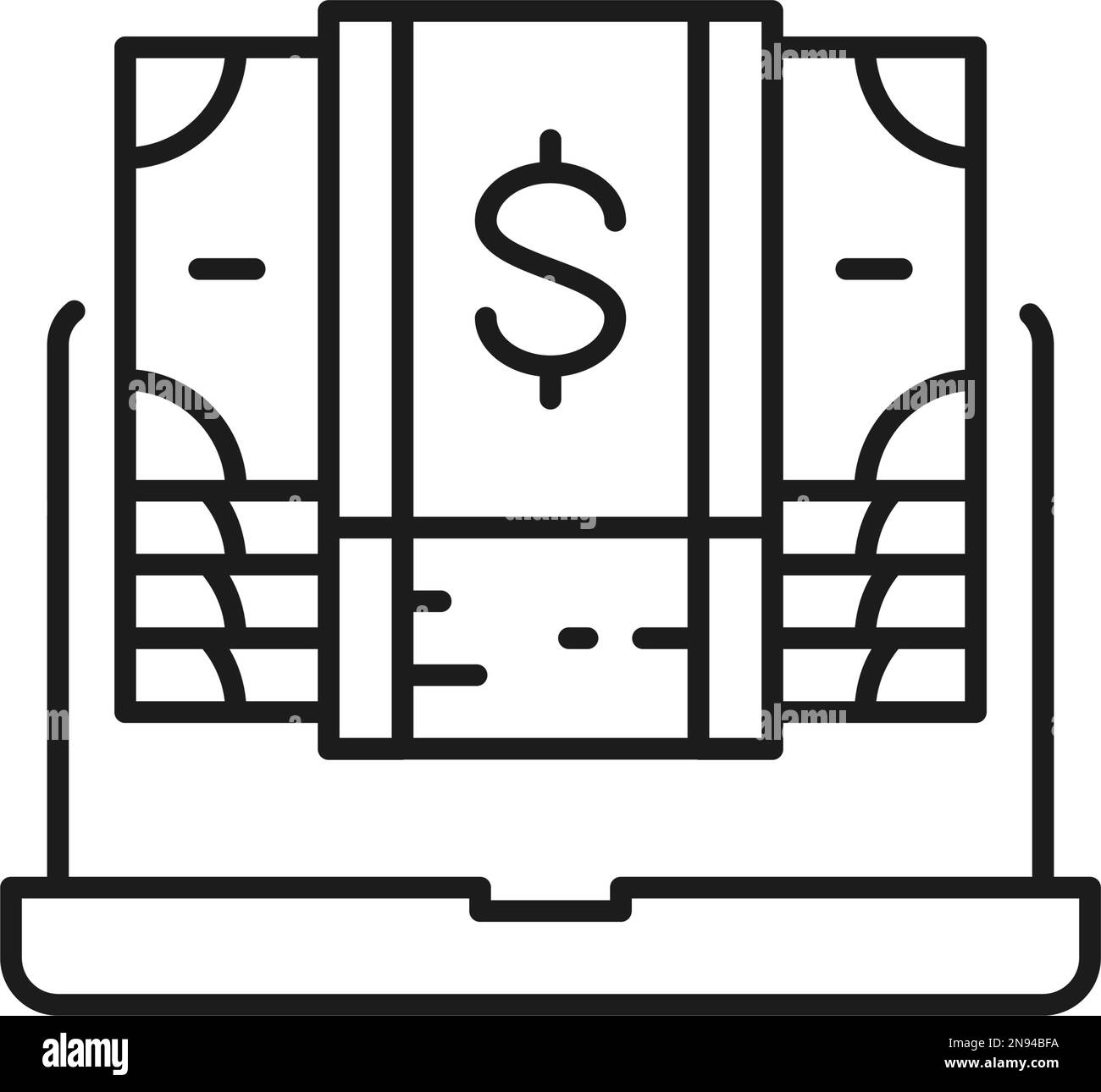 Dollar banknotes with laptop, cash payment lineal icon. Cash payment ...