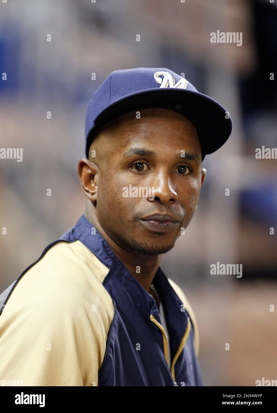 June 20, 2012: Milwaukee Brewers center fielder Nyjer Morgan #2 looks  toward the crowd while standing on deck. The Brewers defeated the Blue Jays  8-3 at Miller Park in Milwaukee, WI. John