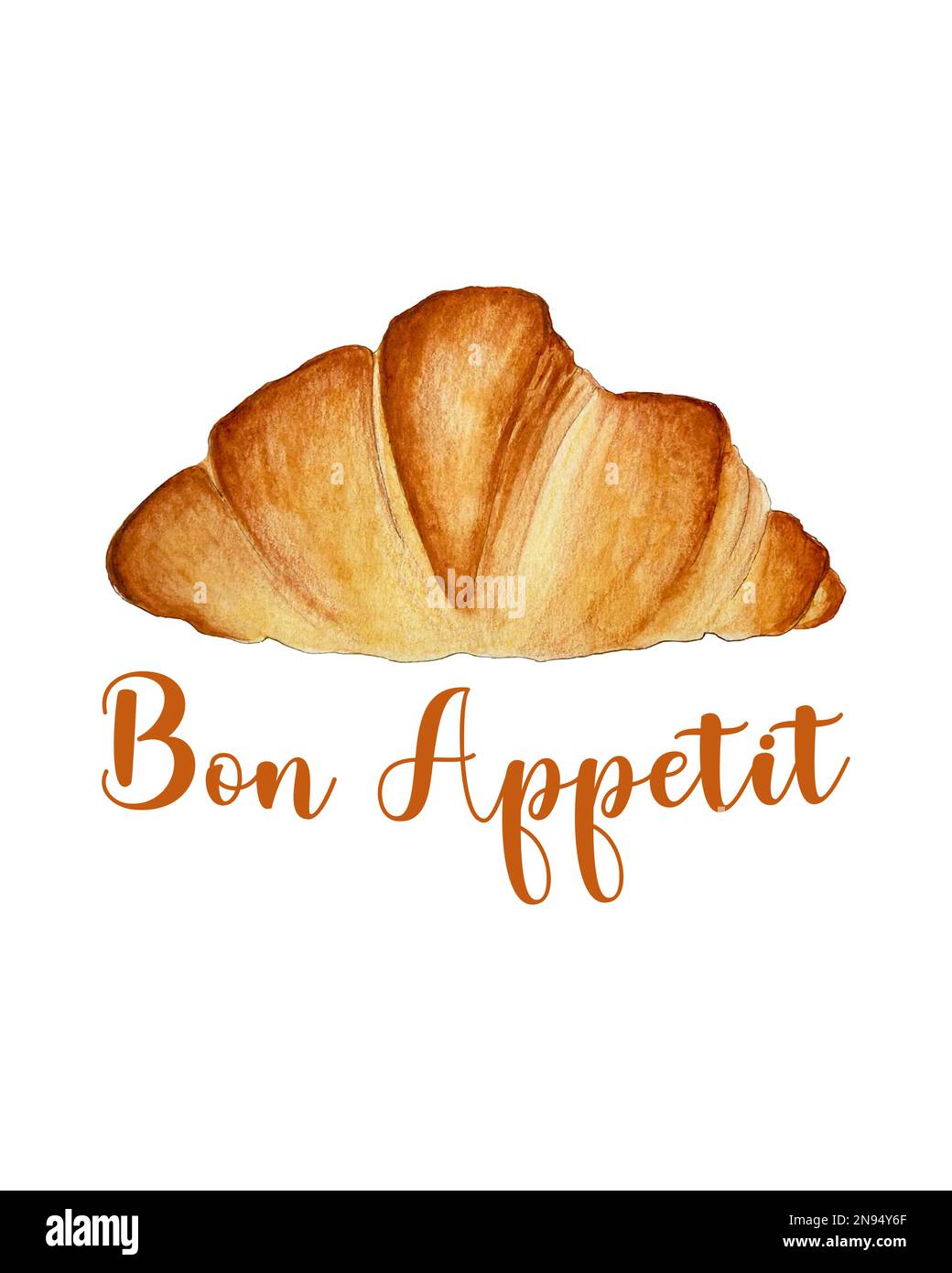 Bon Appetit and Croissant watercolor, hand drawn sketch. Vector illustration Stock Vector