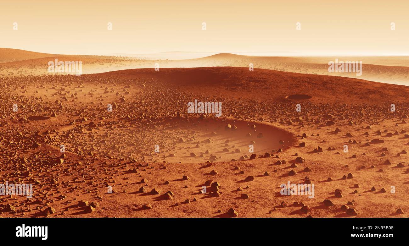 Impact craters on Mars. Martian landscape. 3D illustration Stock Photo