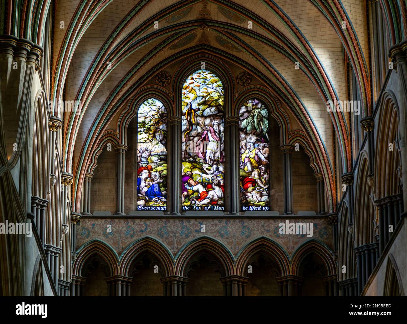 Stained glass window of Moses inside cathedral church, Salisbury