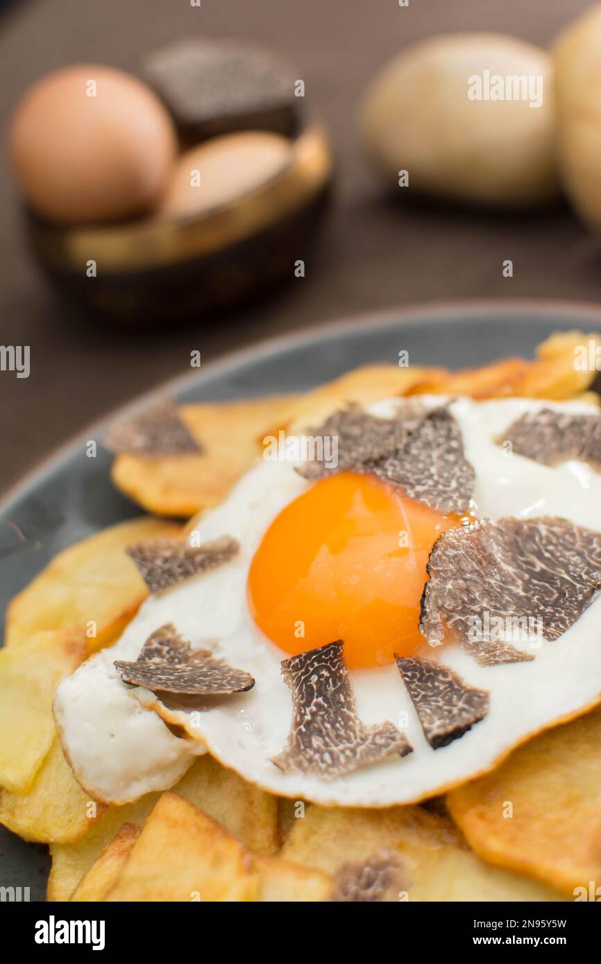 Truffled fried egg with french fries and tuber melanosporum winter