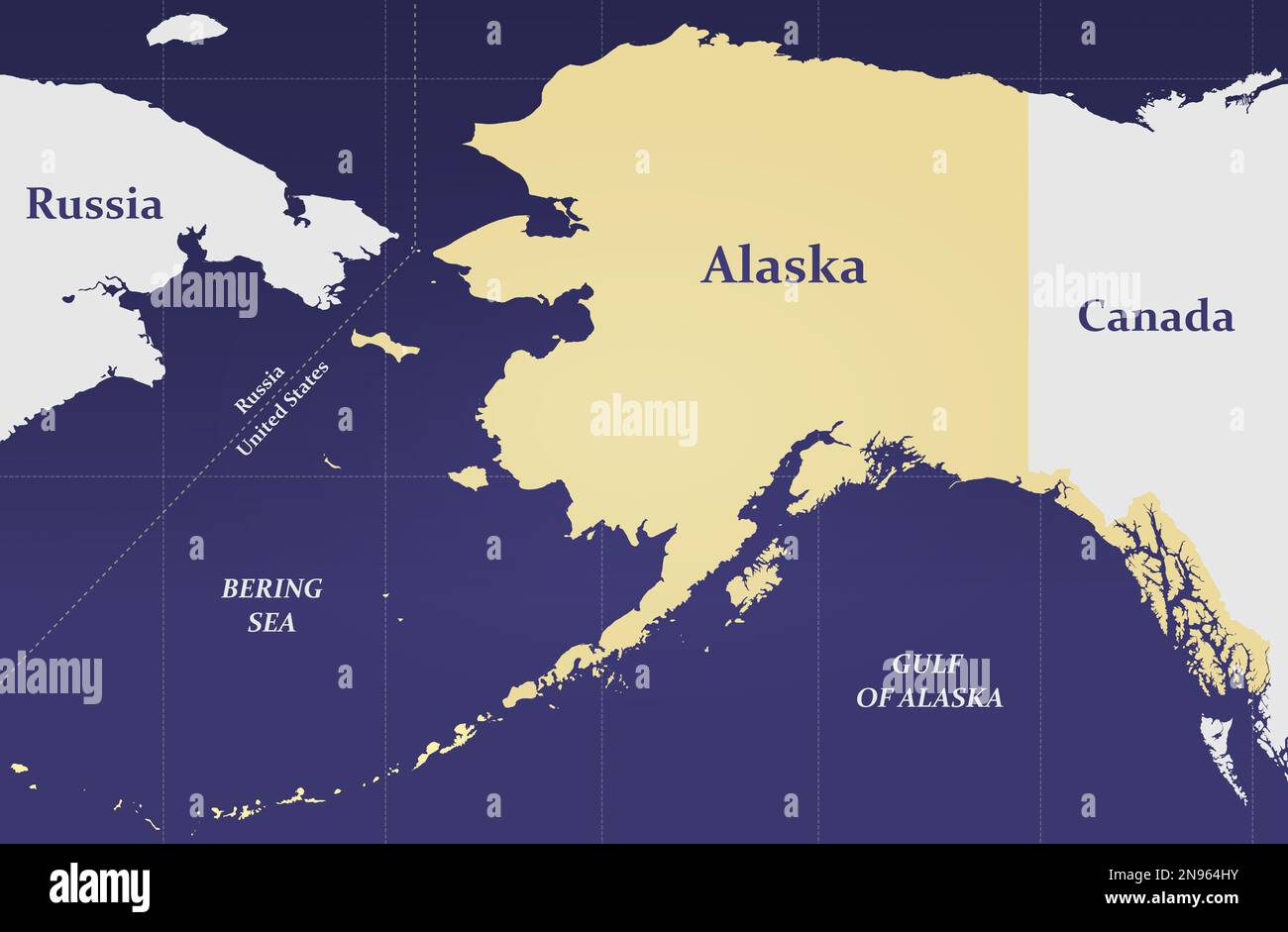 Russia Alaska Map - Simple Map Depicting the Maritime Boundary Between Alaska and Russia and the Alaska Canada Border - Alaska and the North Pacific Stock Photo