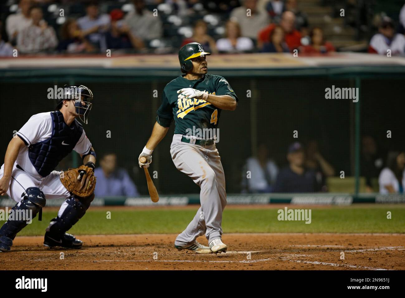 Oakland Athletics' Coco Crisp (4) bats against the Cleveland Indians in ...
