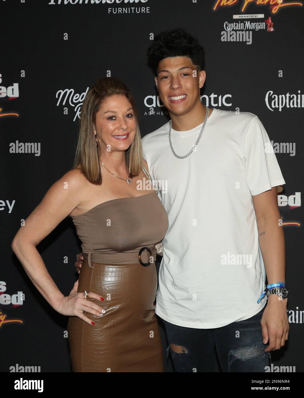 Scottsdale, USA. 12th Feb, 2023. Randi and Jackson Mahomes pose for a photo on the red carpet for the Sports Illustrated's 'The Party' presented by Captain Morgan in Scottsdale, Arizona on Saturday, February 11, 2023. Photo by Aaron Josefczyk/UPI Credit: UPI/Alamy Live News Stock Photo