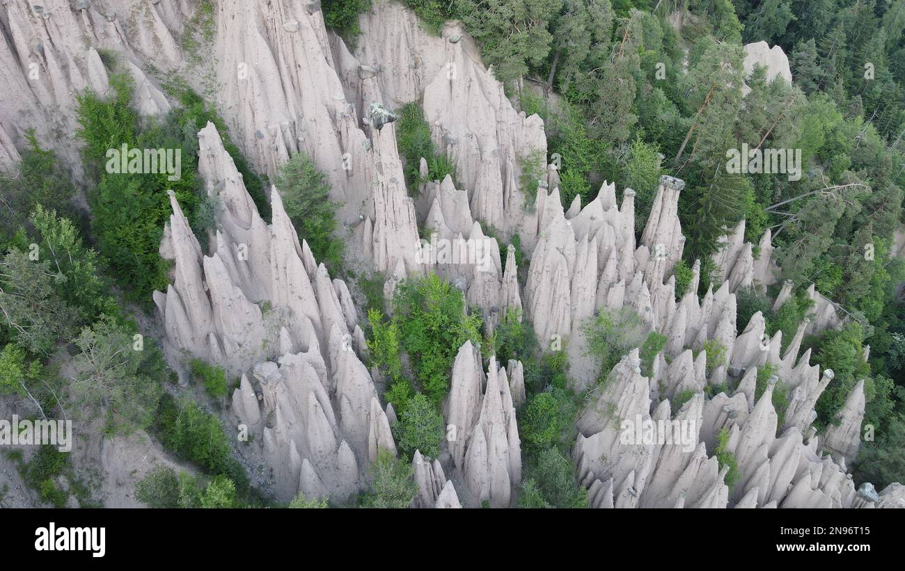 An aerial views of the Earth Pyramids in the Dolomites, Italy Stock ...