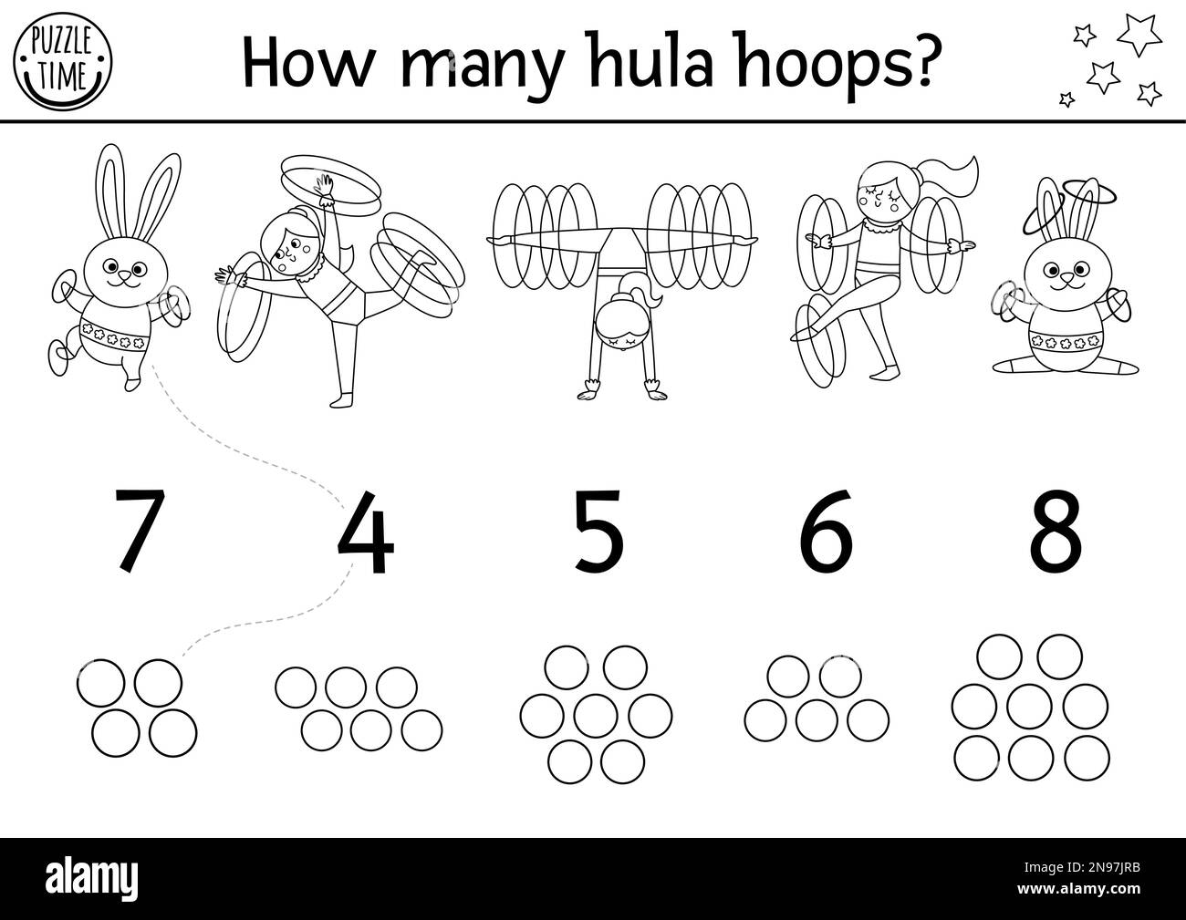 Match the numbers black and white circus game with cute gymnasts and hula hoops. Amusement show line math activity for kids. Counting coloring page wi Stock Vector