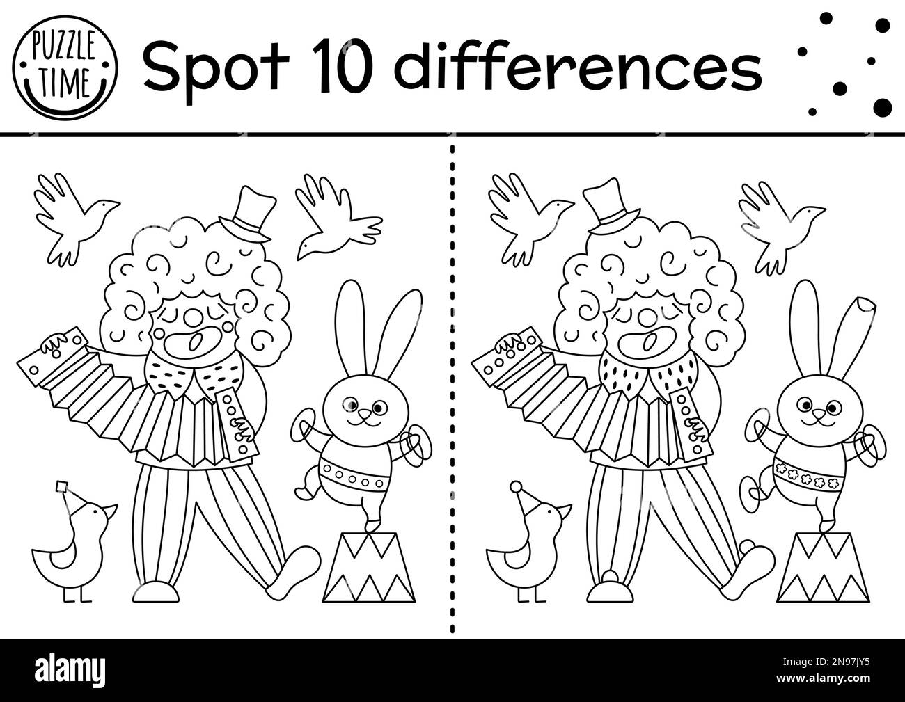 Circus black and white find differences game for kids. Educational