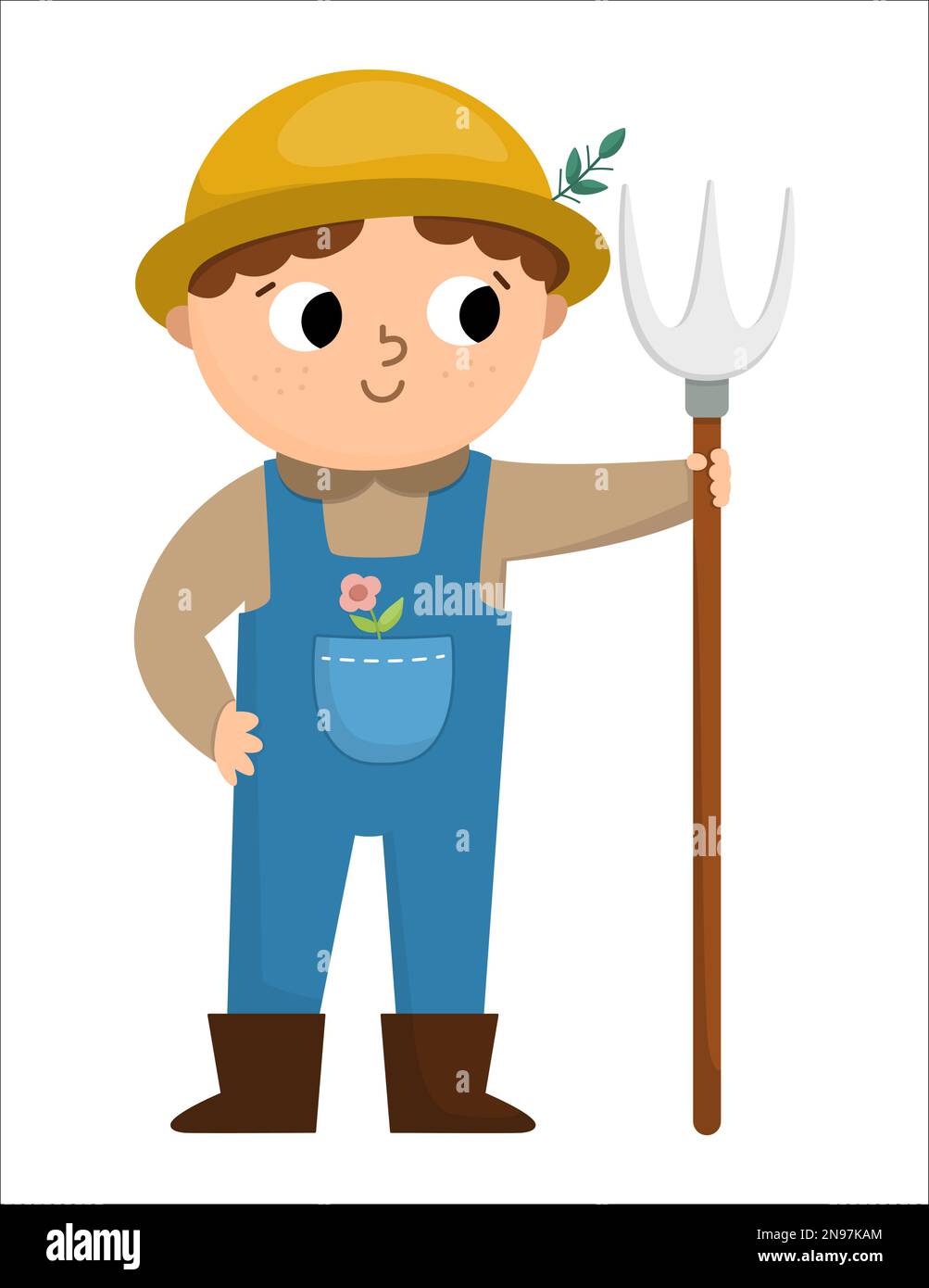 Vector farmer with hayfork icon. Cute kid doing agricultural work. Rural country character