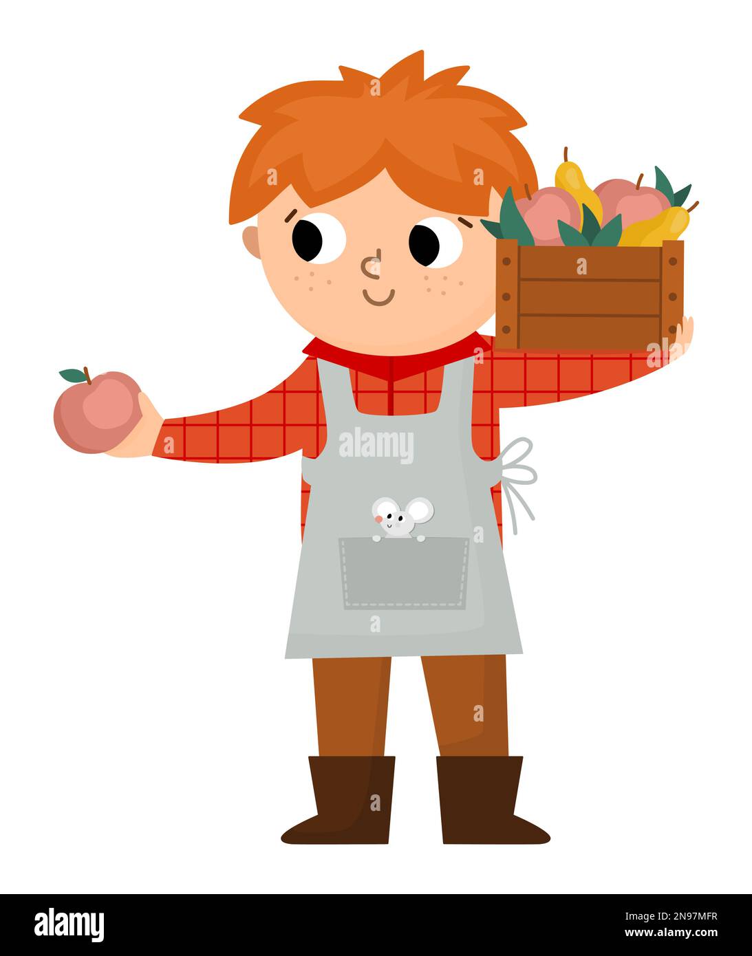 Vector farmer standing with harvest in the wooden box. Cute kid doing agricultural work icon. Rural country character. Child vendor in apron with appl Stock Vector