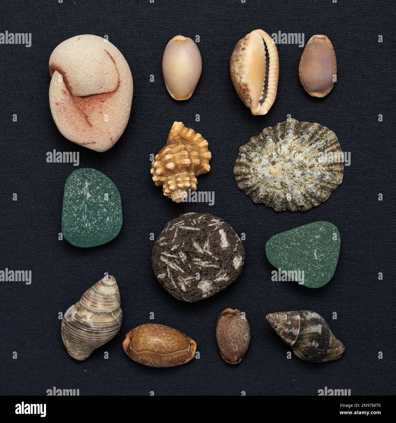 Pebbles and shells collected on beaches of Gran Canaria in La Aldea Municipality Stock Photo