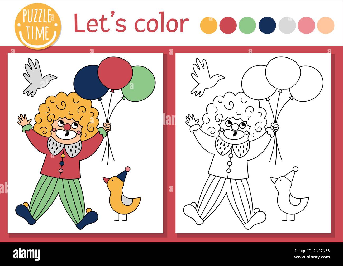 Circus coloring page for children with clown flying with balloons. Vector amusement show outline illustration with cute stage performer. Color book fo Stock Vector
