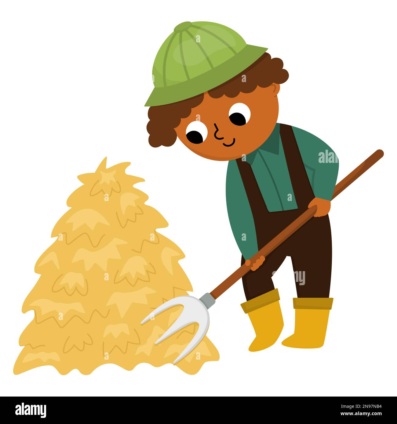 Vector farmer with hayfork icon. Cute kid doing agricultural work. Rural country character. Child gathering hay. Funny farm illustration with cartoon Stock Vector