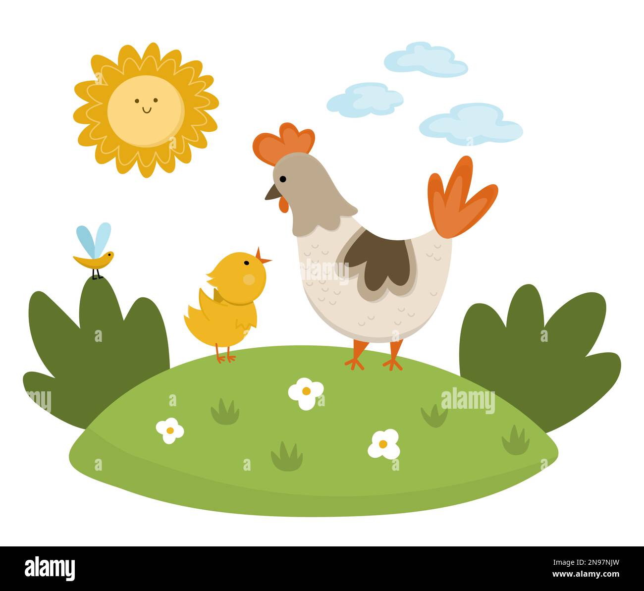 Vector hen with baby chicken on lawn under the sun. Cute cartoon family scene illustration for kids. Farm birds on nature background. Colorful mother Stock Vector