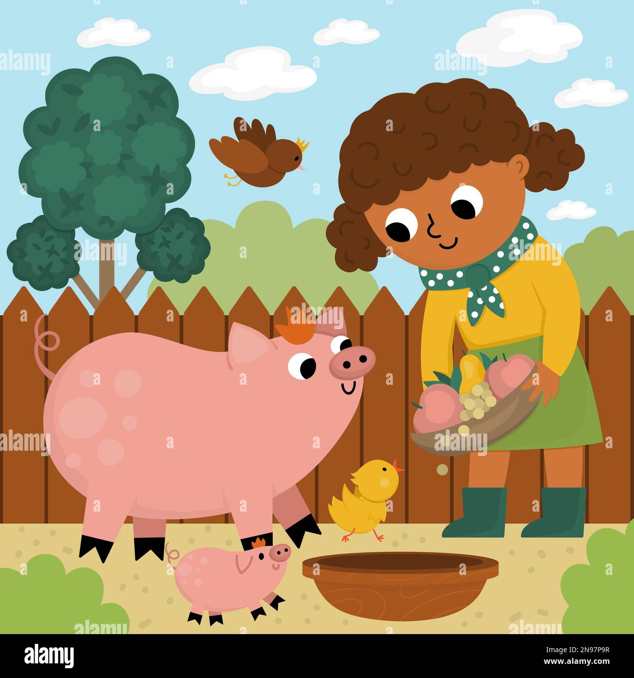 Vector scene with cattle breeder. Farmer girl feeding animals. Cute kid doing agricultural work. Rural country landscape. Child with cute pig and chic Stock Vector