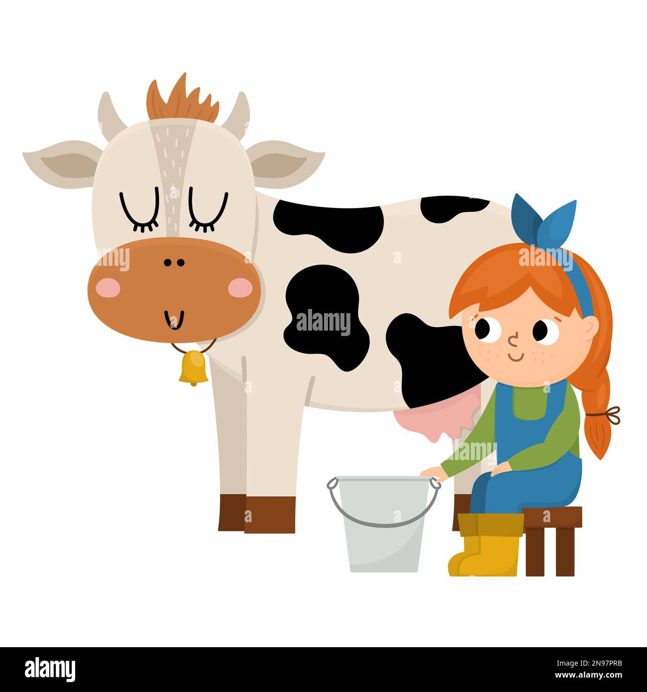 Vector milkmaid icon. Farmer girl milking cow. Cute kid doing agricultural work. Rural country scene. Child with cute animal. Funny farm illustration Stock Vector