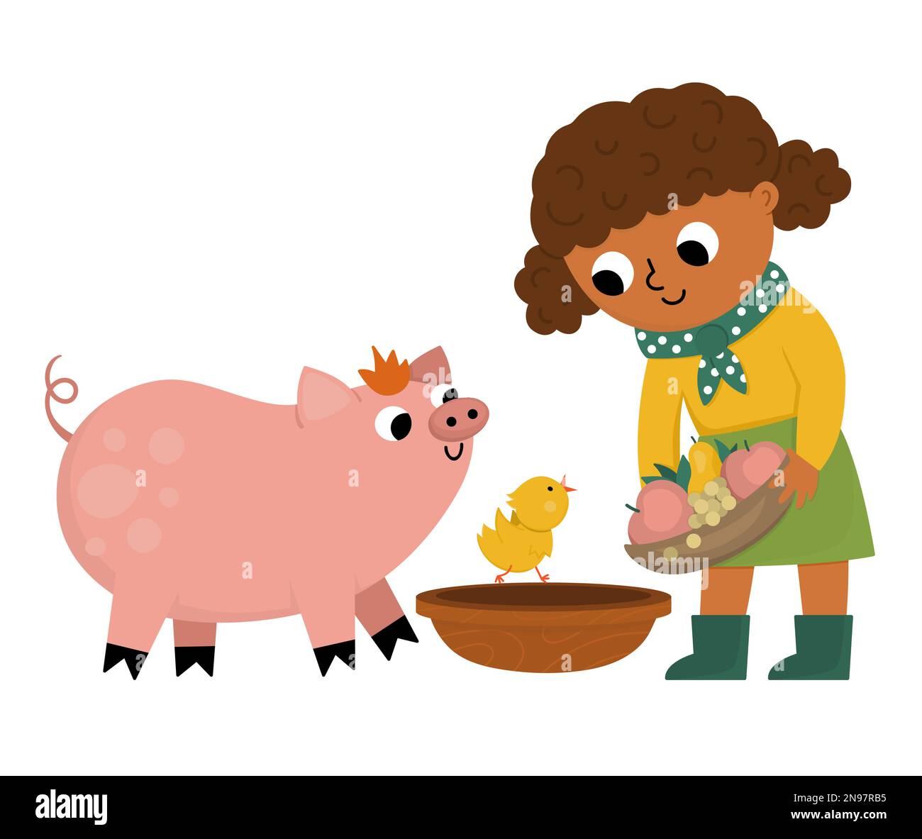 Vector cattle breeder icon. Farmer girl feeding animals. Cute kid doing agricultural work. Rural country scene. Child with cute pig and chicken. Funny Stock Vector