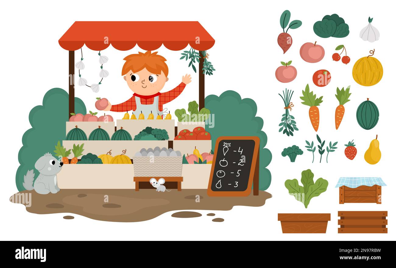 Vector farmer selling fruit and vegetables in a street stall icon. Cute farm market scene. Rural country landscape. Child vendor in booth. Funny farm Stock Vector