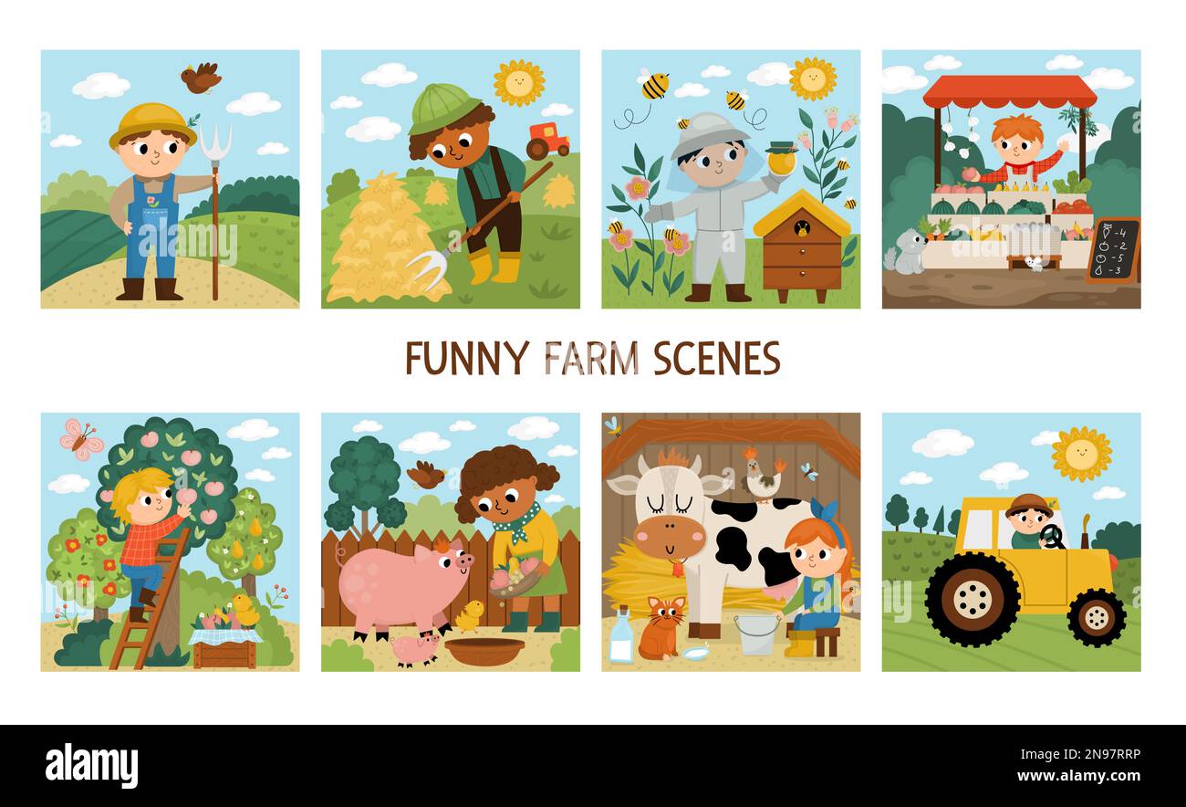 Vector farm scenes set. Cute kids doing agricultural work. Rural country landscapes with farmers. Children gathering hay, feeding animals, beekeeping, Stock Vector