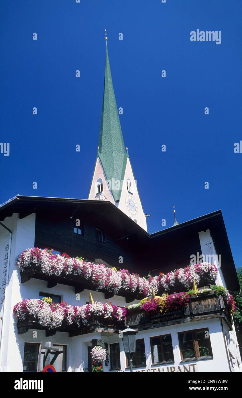 Austria, Mutters, Austrian Tirol, traditional house with flower boxes. Stock Photo