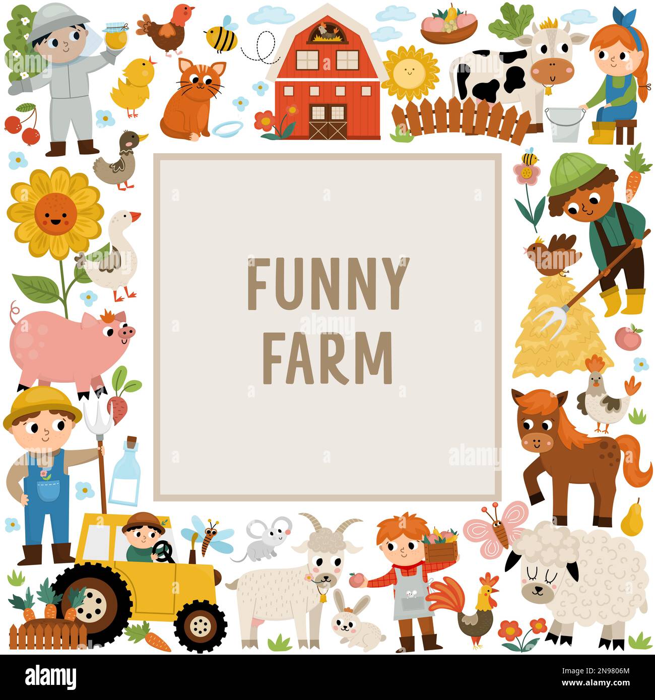 Vector farm square frame with farmers and animals. Rural country card ...