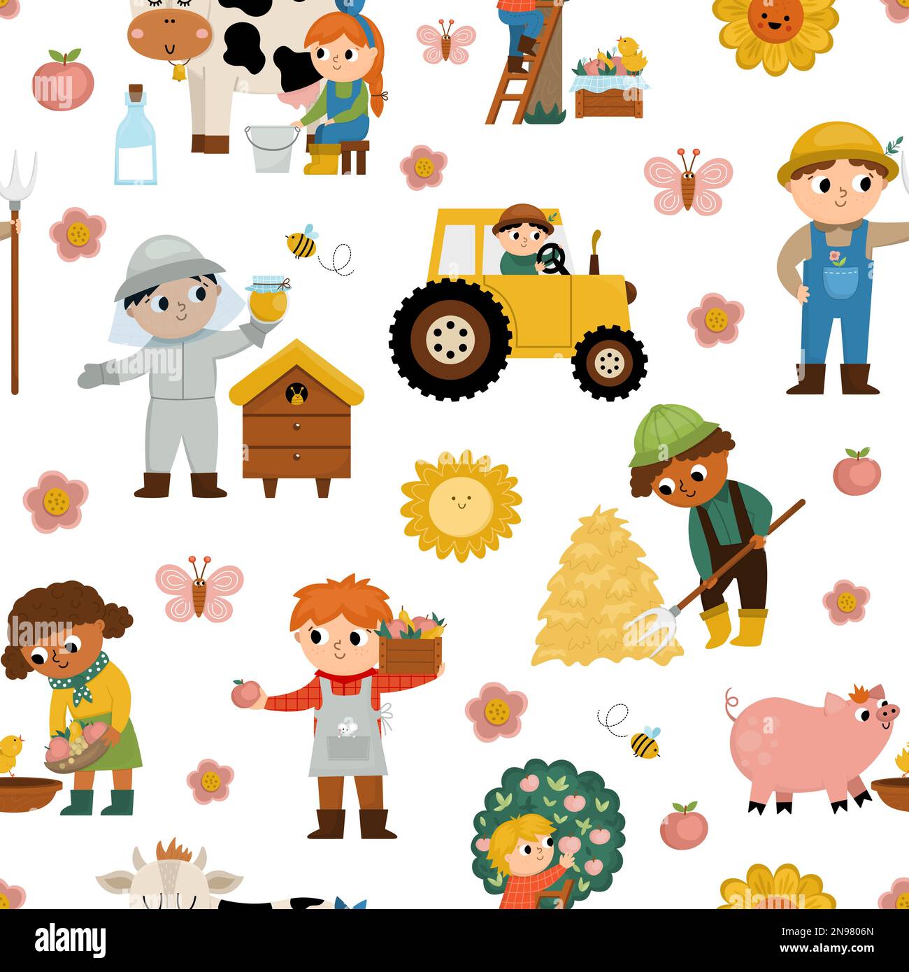 Vector seamless pattern with farmers. Repeat background with cute kids