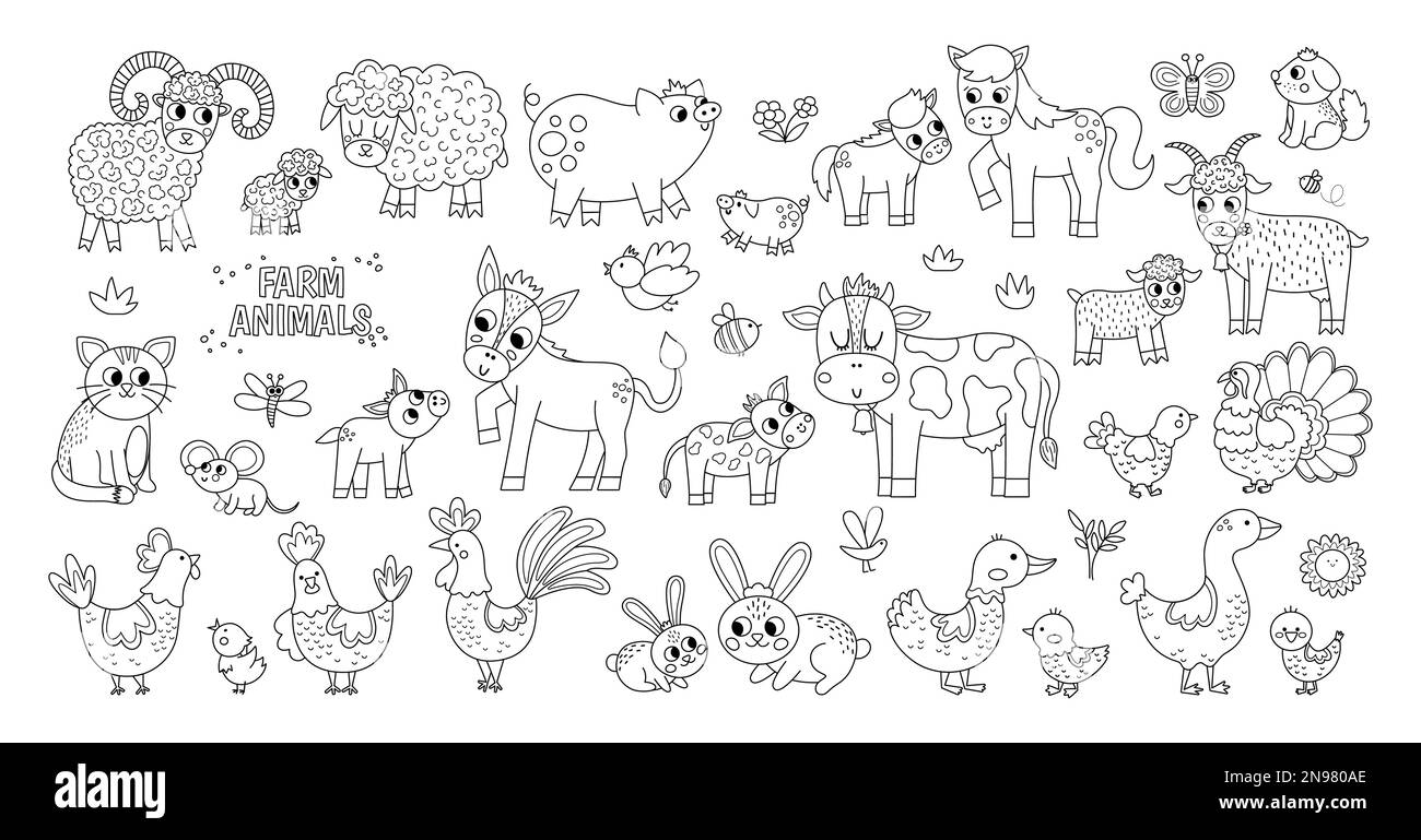 Big black and white vector farm animals set. Big collection with cow, horse, goat, sheep, duck, hen, pig and their babies. Country outline bird illust Stock Vector
