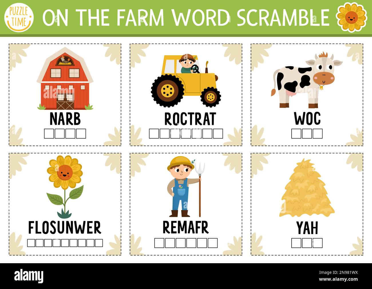 Vector on the farm word scramble activity page. English language game