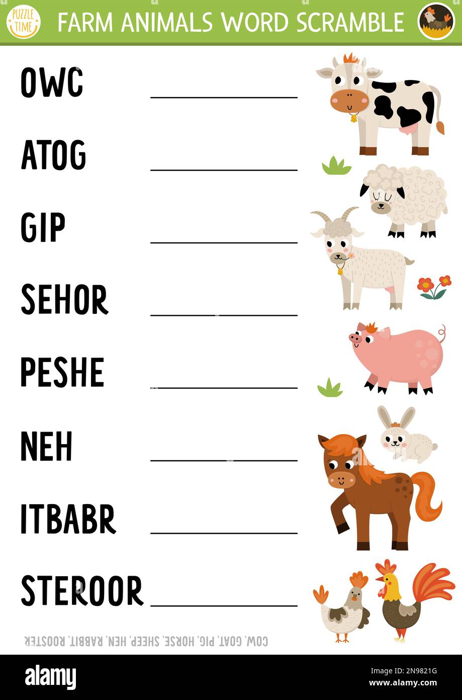 Vector farm animals word scramble activity page. English language game with cow, pig, goat for kids. Rural countryside family quiz with hen and rooste Stock Vector
