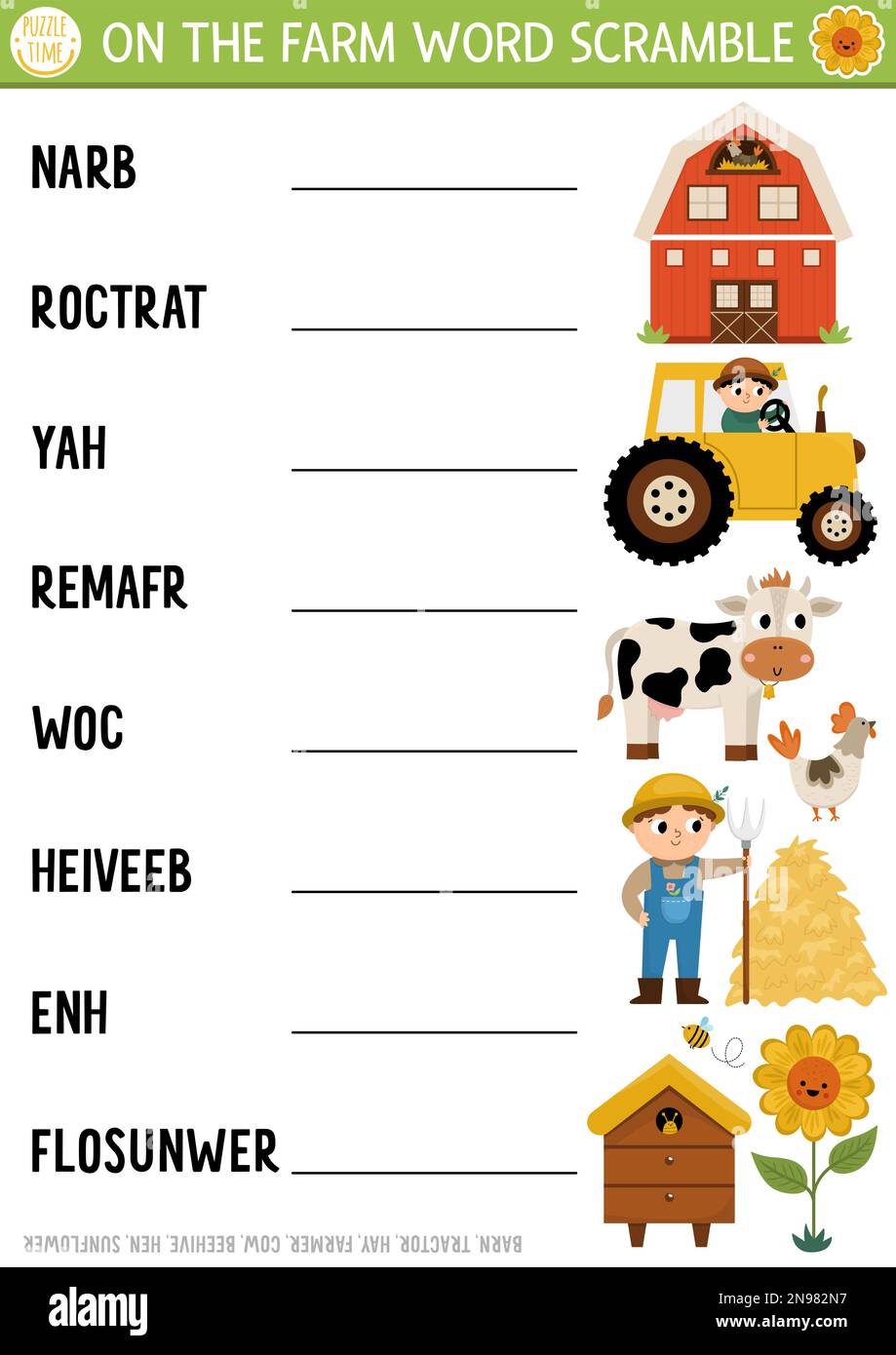 Vector on the farm word scramble activity page. English language game