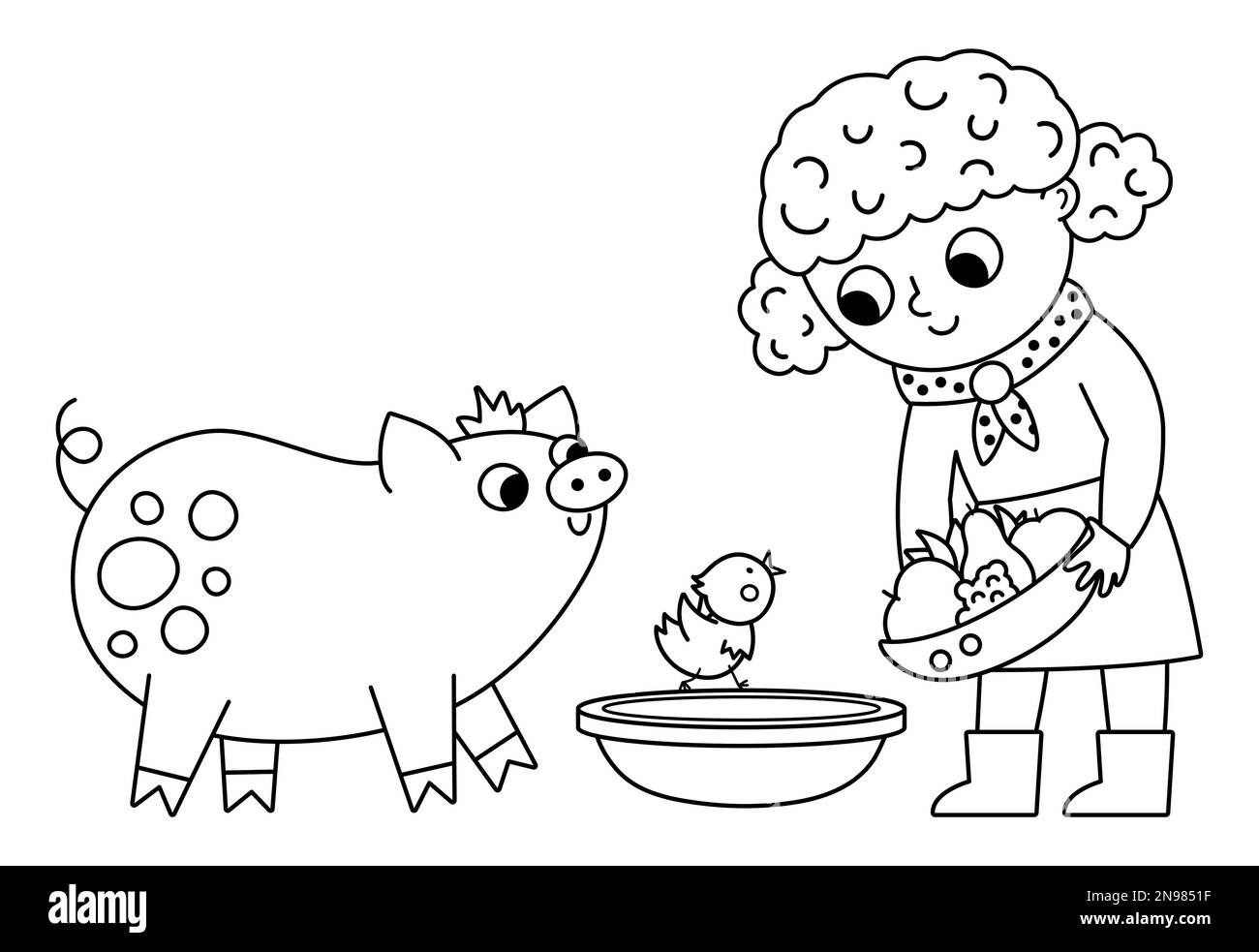 Outline farmer girl feeding animals. Vector black and white cattle breeder icon. Cute kid doing agricultural work. Child with cute pig. Funny farm ill Stock Vector