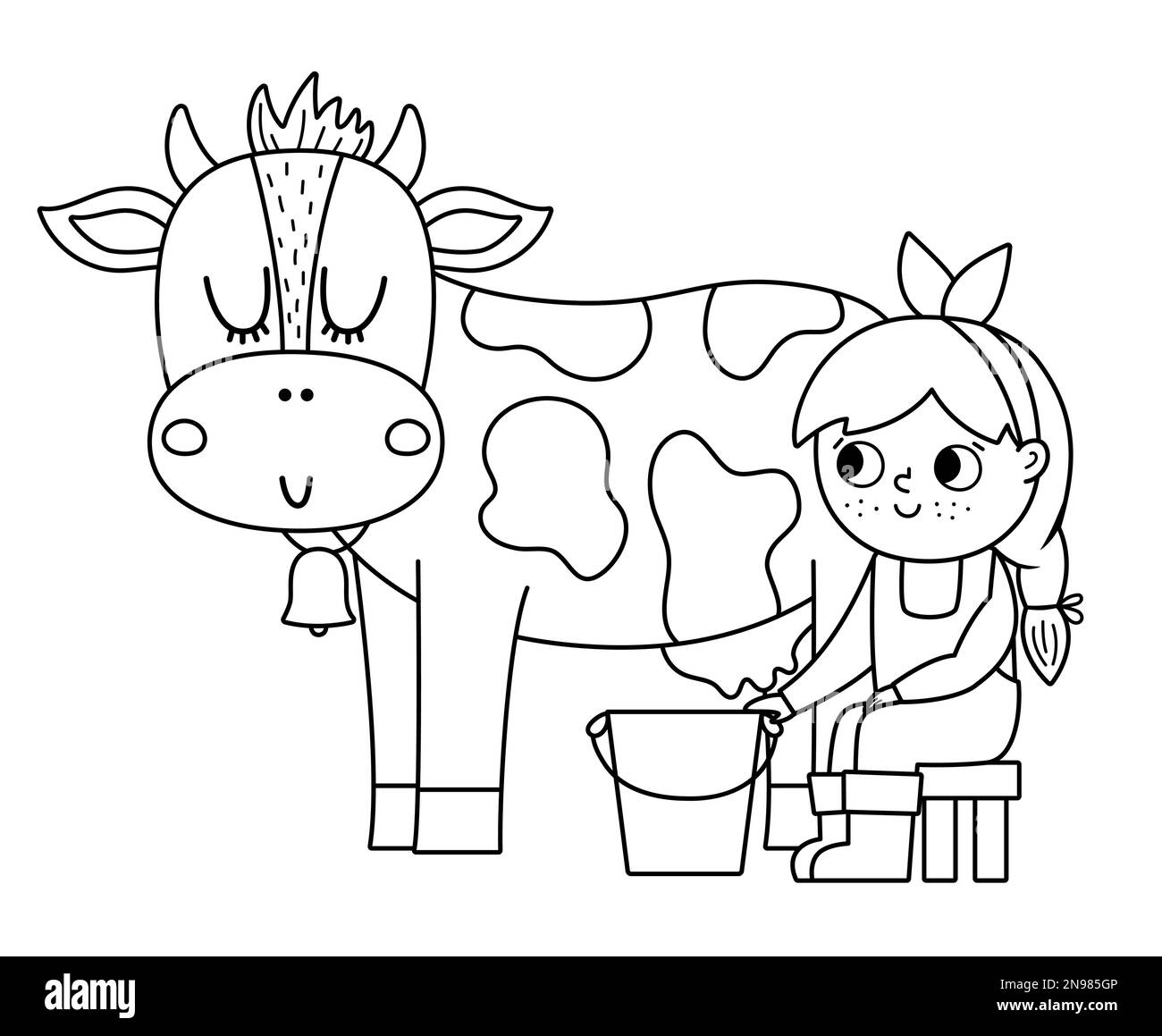 Vector black and white milkmaid icon. Outline farmer girl milking cow. Cute kid doing agricultural work. Rural country scene. Child with cute animal. Stock Vector