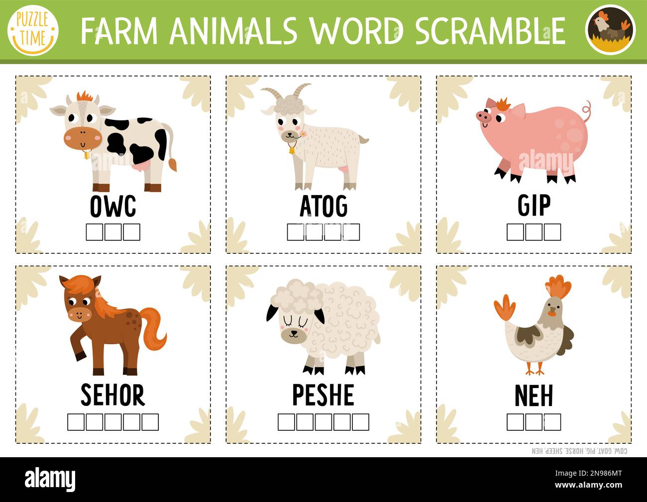 Vector farm animals word scramble activity page. English language game with cow, pig, goat for kids. Rural countryside family quiz with sheep and hors Stock Vector