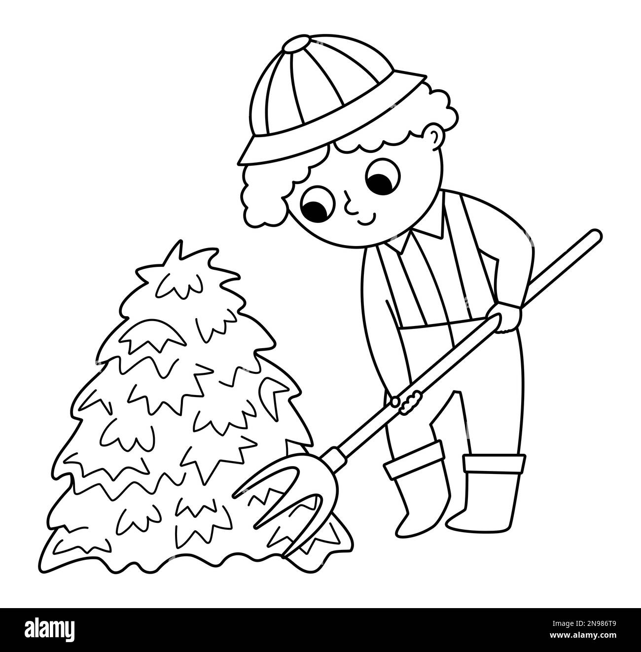 Vector black and white farmer with hayfork icon. Cute outline kid doing agricultural work. Rural
