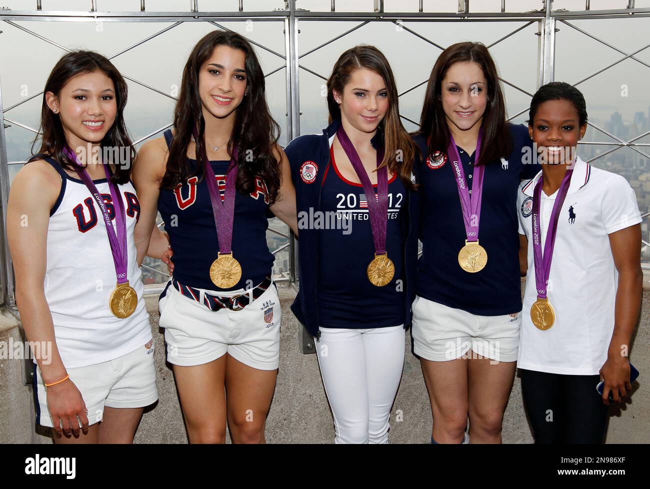 Members of the 2012 US Women's Gymnastics Olympic Team, from left, Kyla