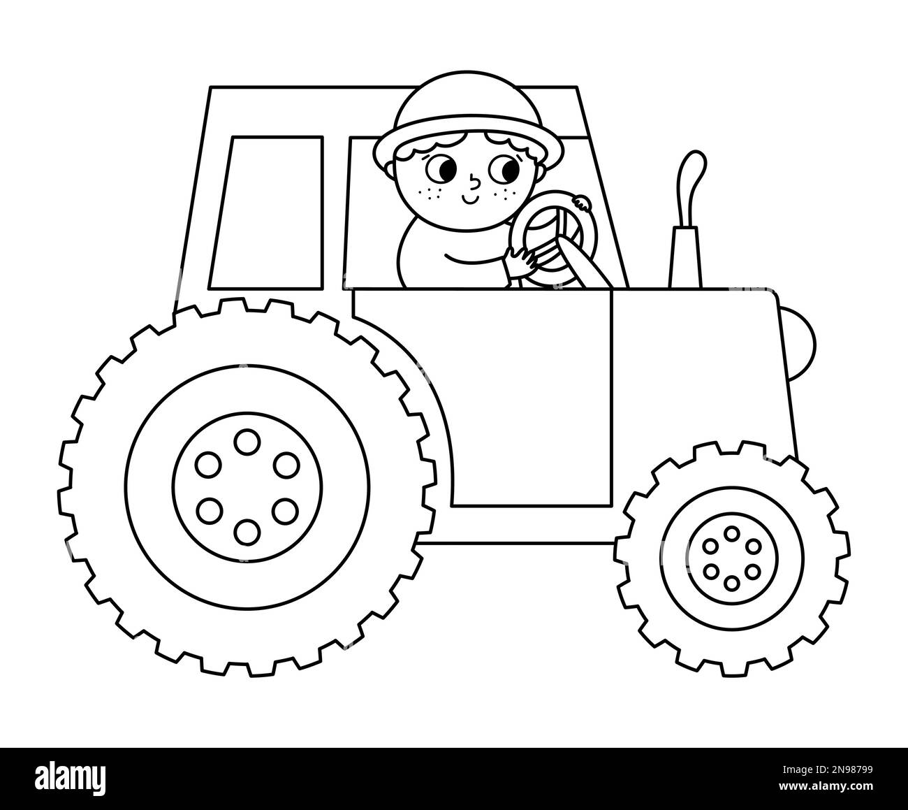Vector black and white farmer driving tractor icon. Farm outline transportation with driver isolated on white background. Funny rural illustration or Stock Vector