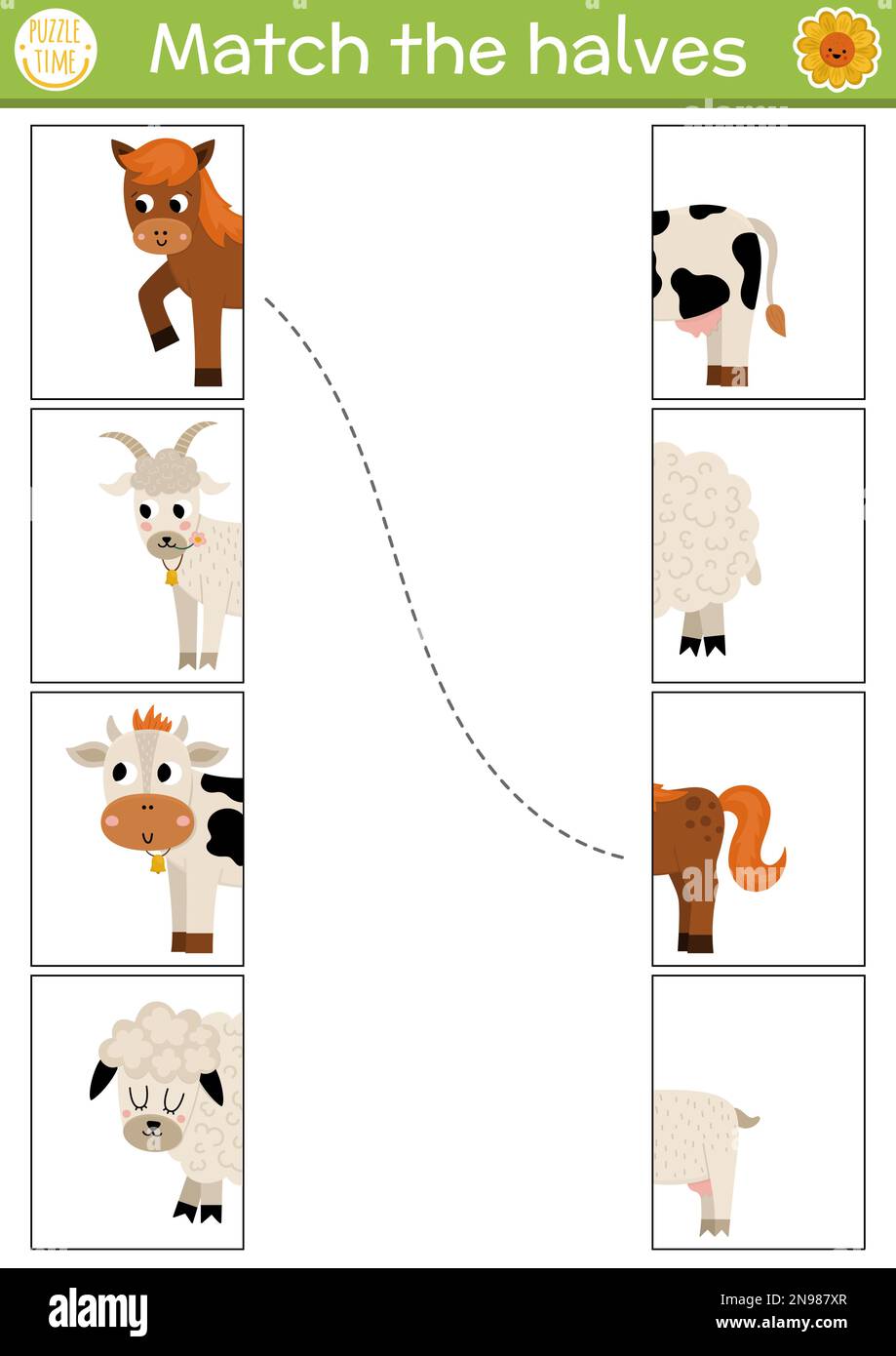 Farm connect the halves worksheet. On the farm matching game for