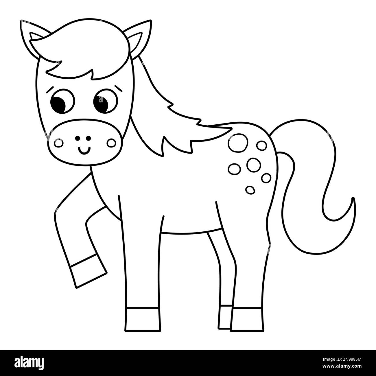 Vector black and white horse icon. Cute cartoon mare line illustration