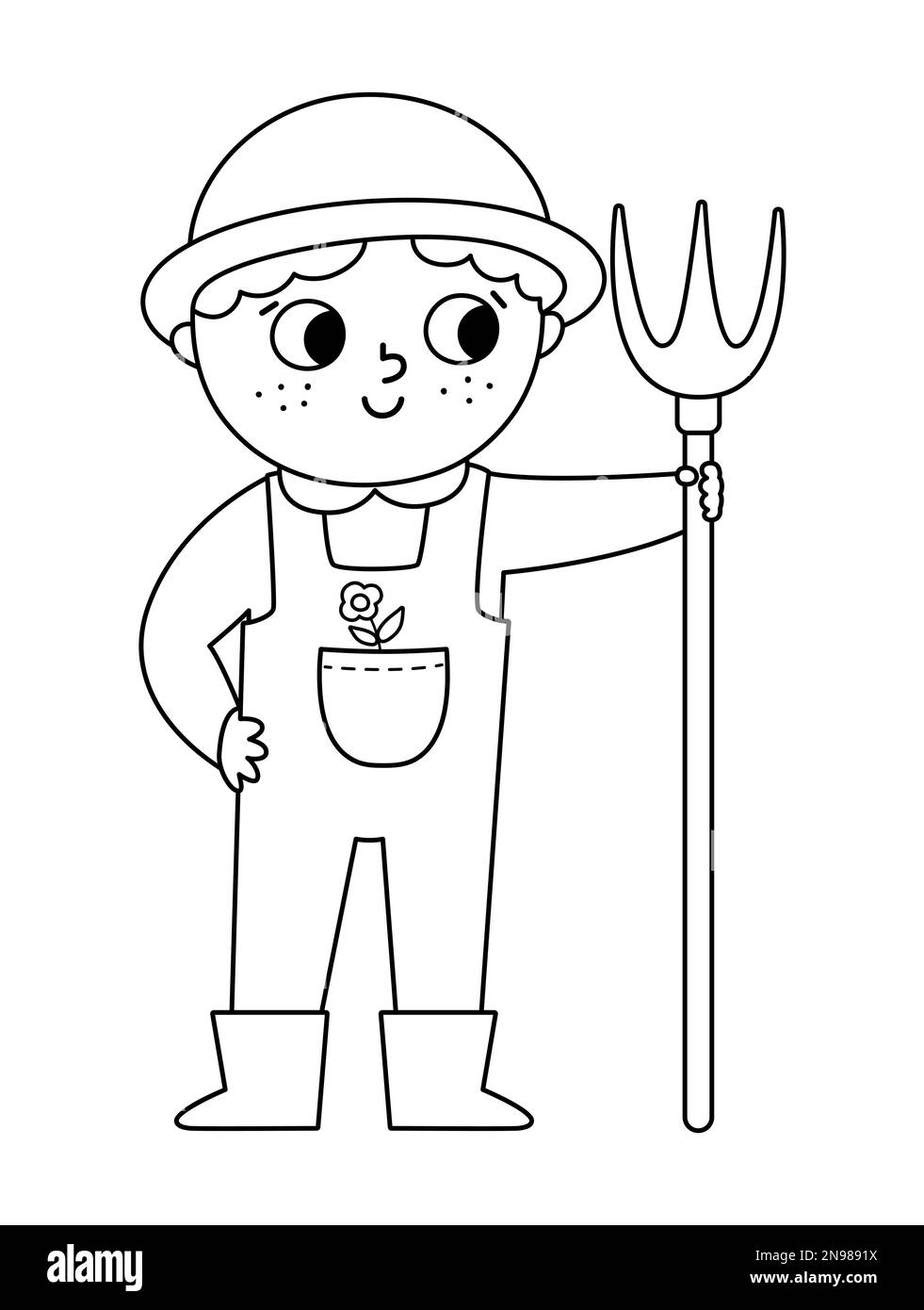 Vector black and white farmer with hayfork icon. Cute kid doing