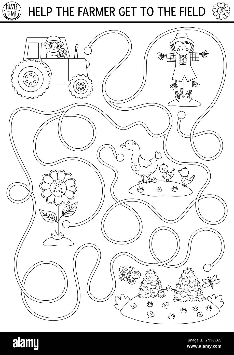 Black and white farm maze for kids with cute tractor, scarecrow, sunflower. Country side line preschool printable activity. Labyrinth coloring game or Stock Vector
