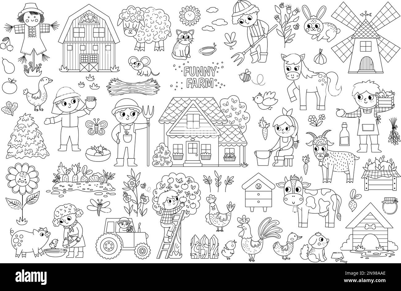 Big black and white vector farm set. Rural line icons collection with funny kid farmers, barn, country house, animals, birds, tractor, windmill. Cute Stock Vector