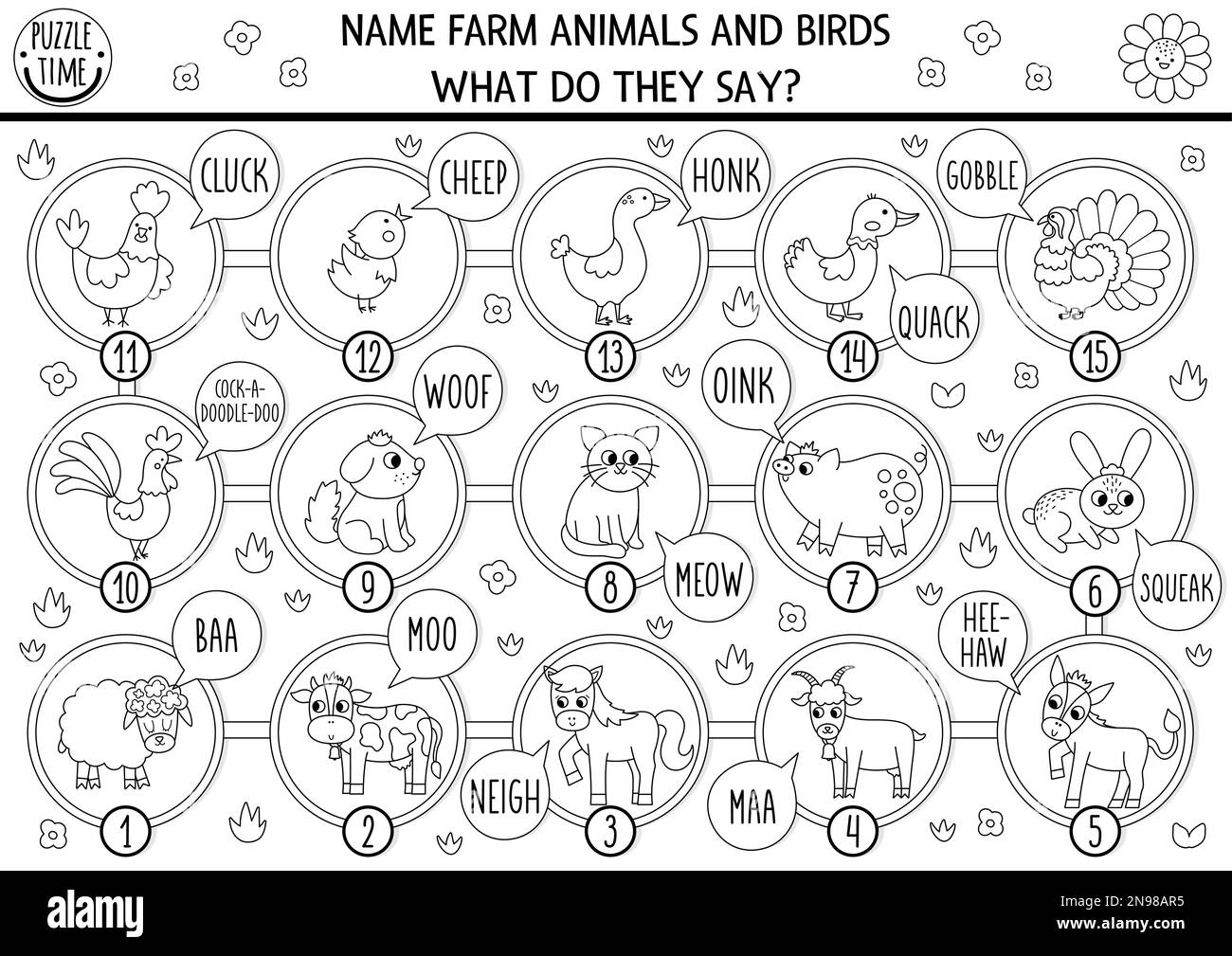 Black and white board game for children with farm animals, birds and their sounds. Countryside line boardgame.  Rural country activity or coloring pag Stock Vector