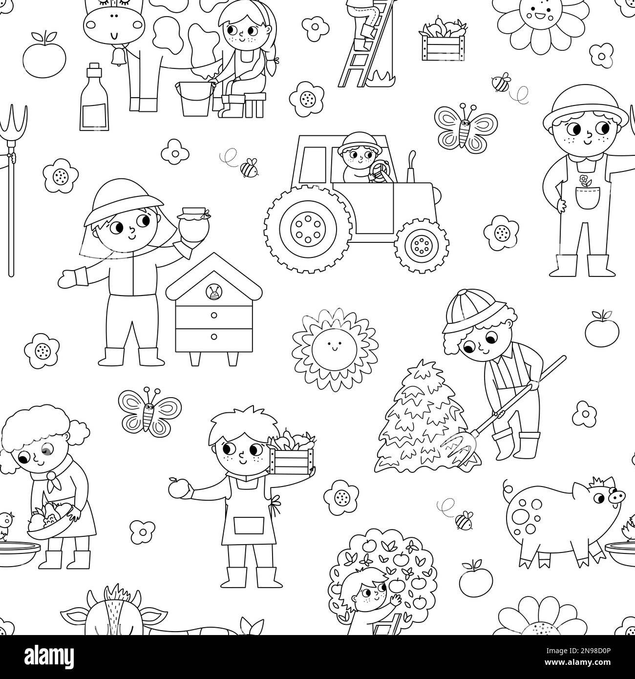Vector black and white seamless pattern with farmers. Outline repeat background with kids doing agricultural work. Rural country digital paper. Farm c Stock Vector