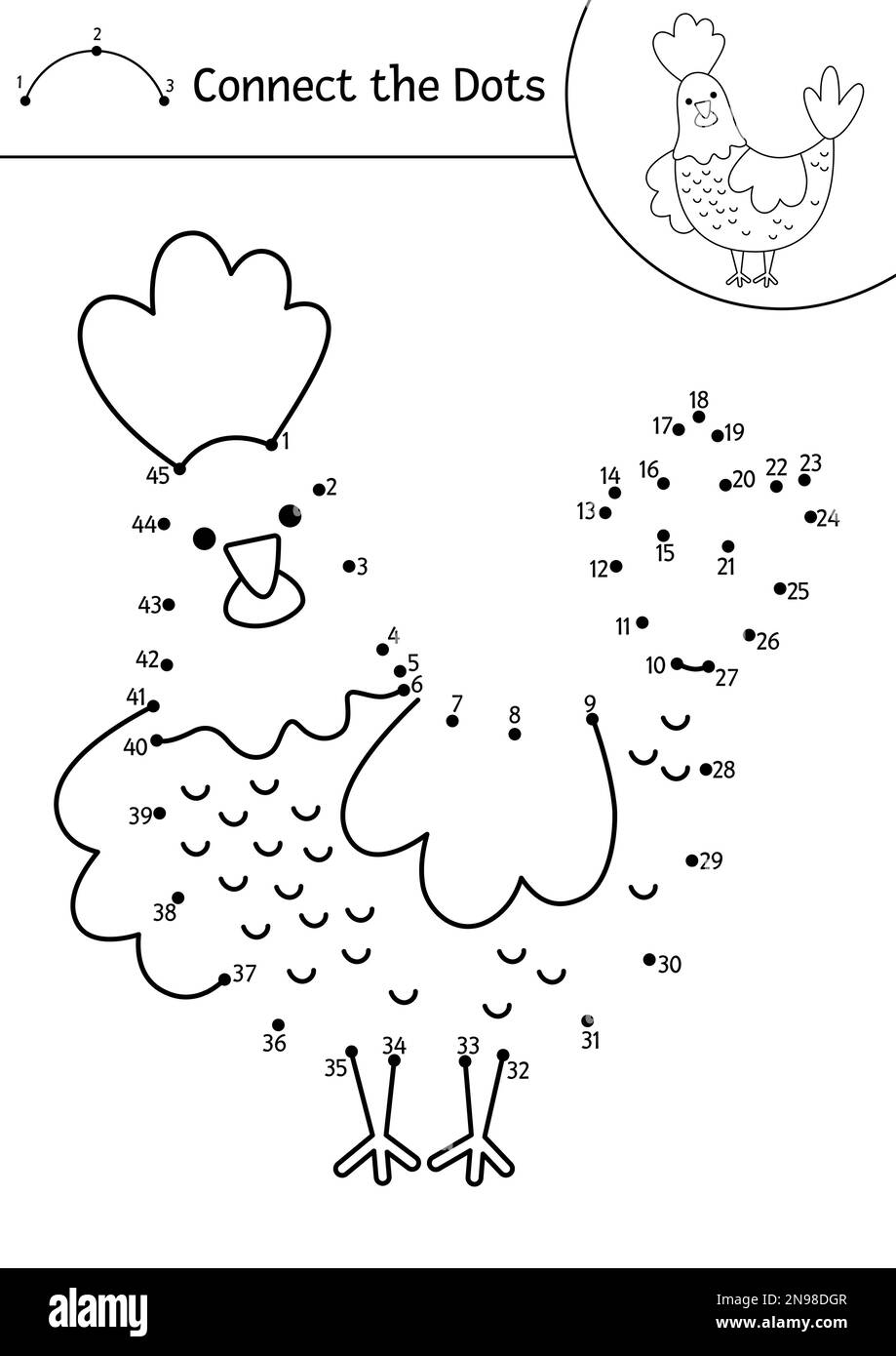 Vector dot-to-dot and color activity with cute hen. On the farm connect ...