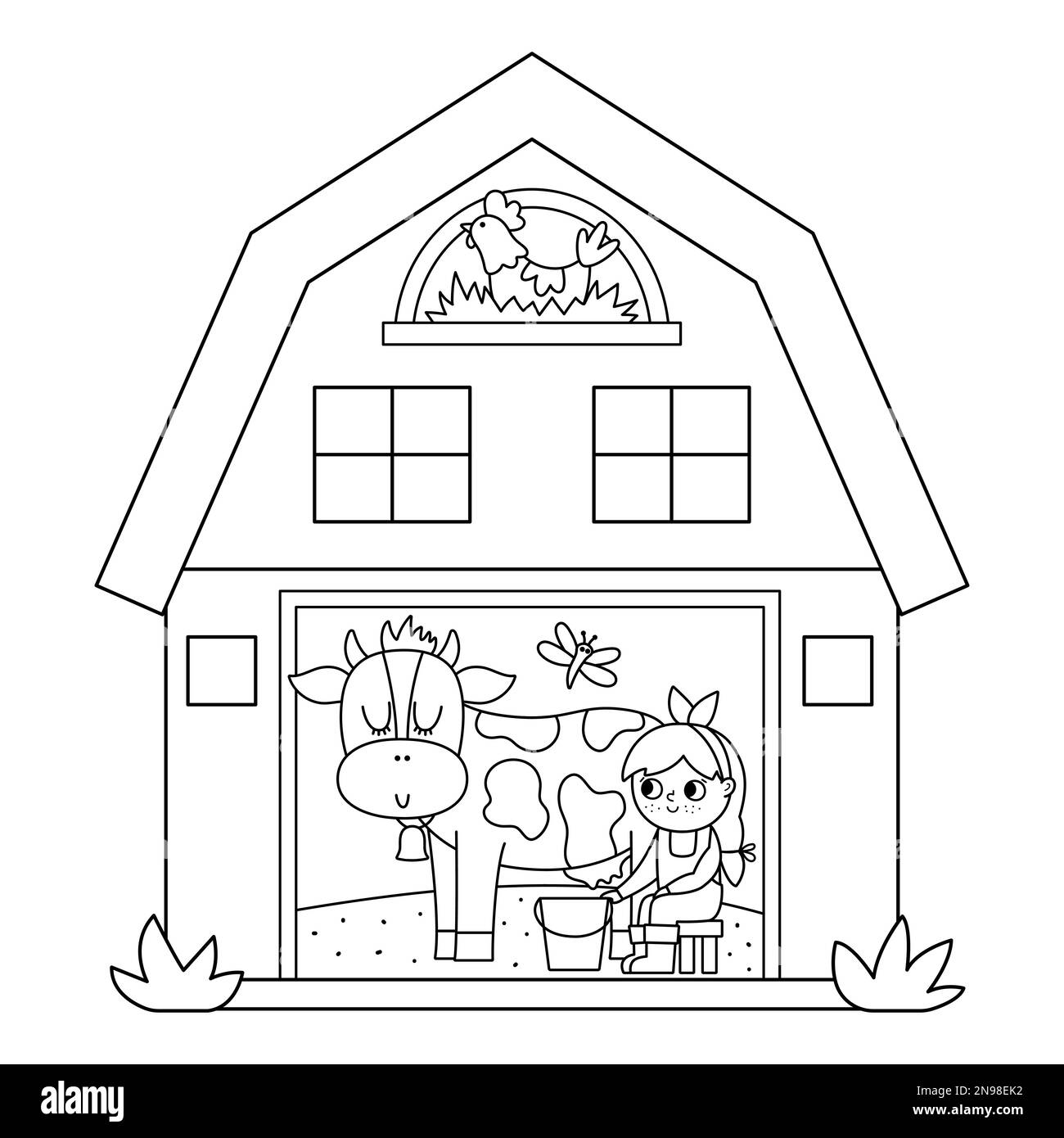 Vector black and white barn icon with girl milking cow inside. Outline farm shed coloring page. Woodshed with windows and hen in the nest. Rural or ga Stock Vector