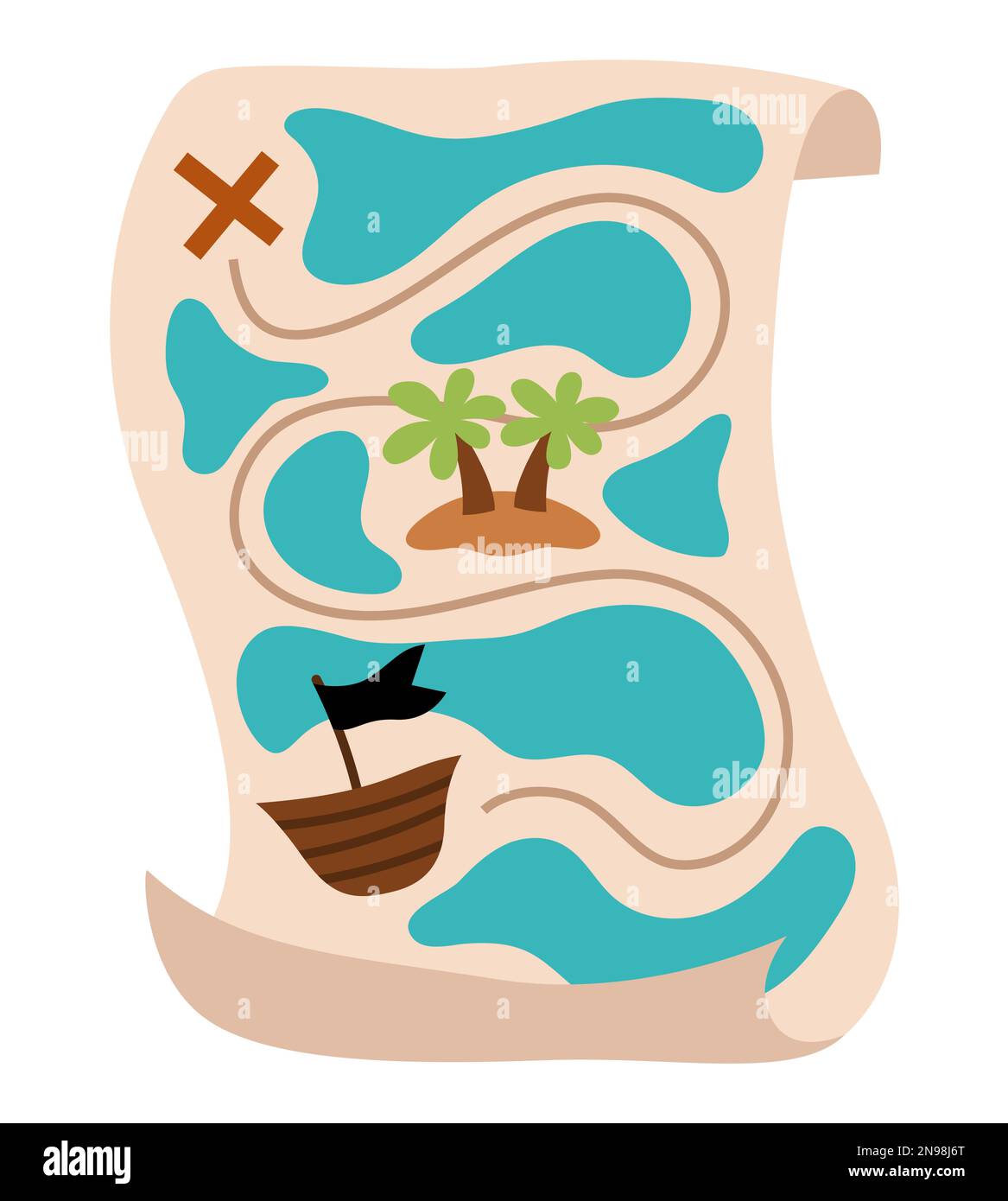 Treasure Hunt Map Vector - Vector Treasure Island Map Icon Pirate Plan Illustration Flat Colored Jewel Hunt Guide Old Sea Route Paper Isolated On White Background 2N98J6T 