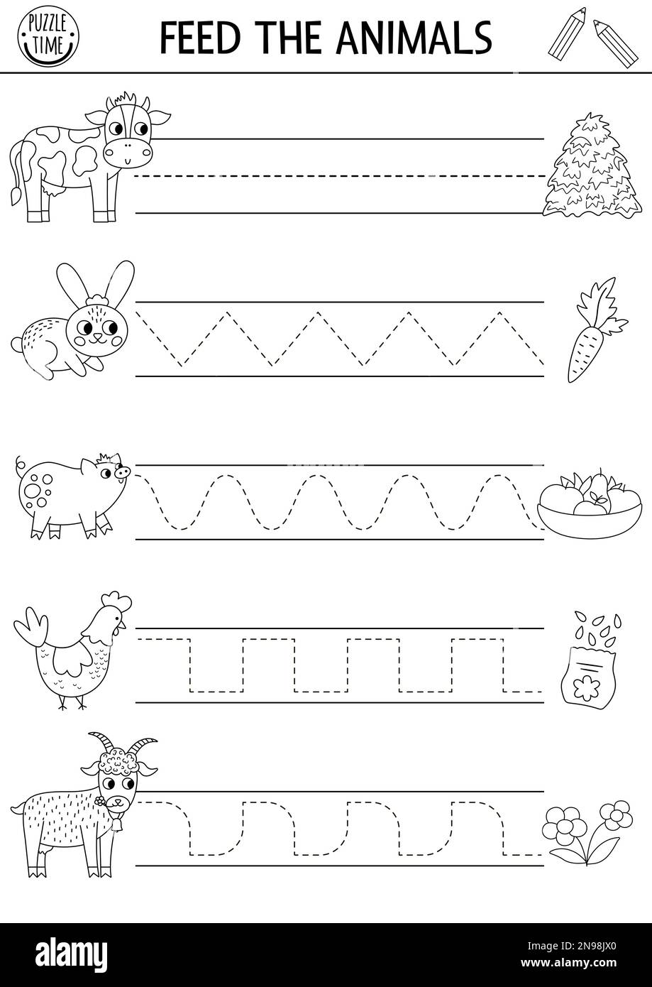 Vector on the farm handwriting practice worksheet. Rural country
