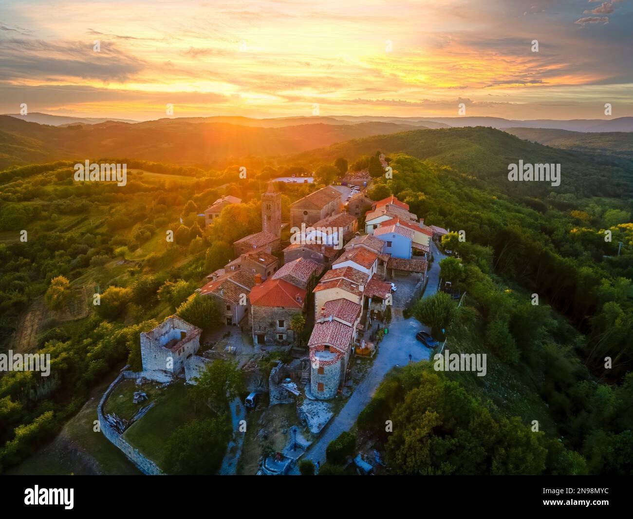 Hum, the smallest city in the World. Aerial view at magnificient medieval town on the mountain top. Popular tourist attraction in Istria, Croatia. Stock Photo