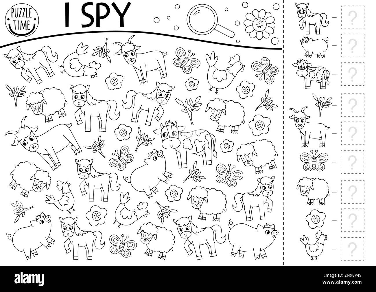 Farm animals black and white I spy game for kids. Searching and