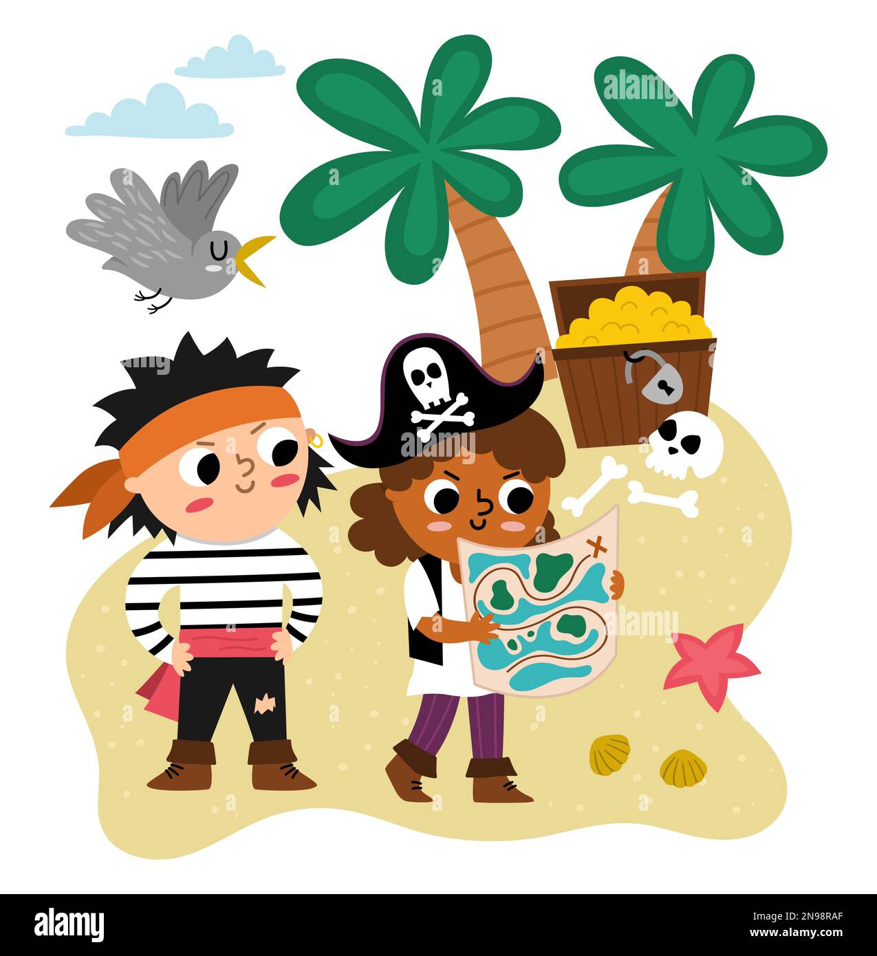 Vector pirate kids with map looking for treasure chest. Cute treasure hunt scene with children. Tropical island hunters illustration. Funny pirate par Stock Vector